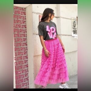 Fairycore Pink Mesh Tulle Tutu Skirt Tiered Pleated Maxi Long Valentines Day M